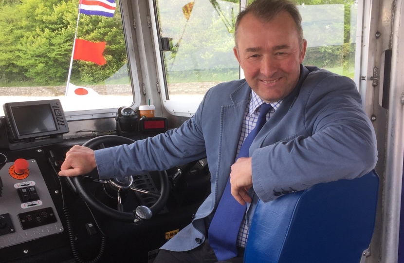 Simon Hart MP is pictured on board the new Glansteffan ferry which is linking Llansteffan and Ferryside for the first time in 60 years.
